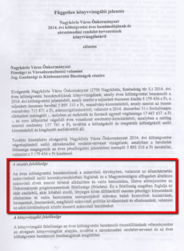 TUDOTT-E ARRÓL A NAGYKŐRÖSI ÖNKORMÁNYZAT KÖNYVVIZSGÁLÓJA, HOGY A CSATORNA-PÁLYÁZATI PÉNZ ÚTÉPÍTÉSRE LETT FORDÍTVA?