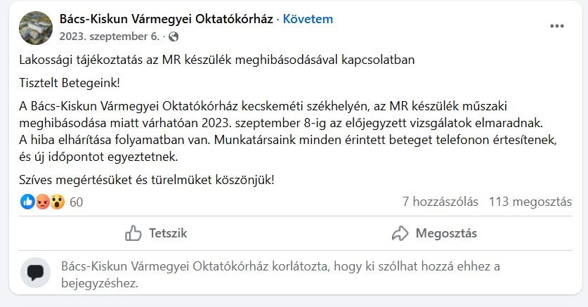 „Mindössze 200 beteget érint”: a kórház szerint „minimális” fennakadást okoz az MR-készülék meghibásodása